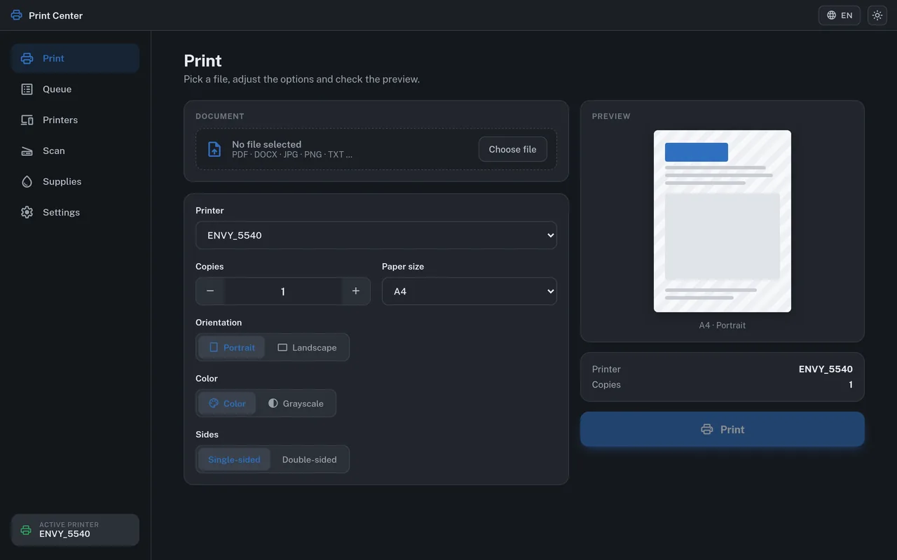 Print Center — preview